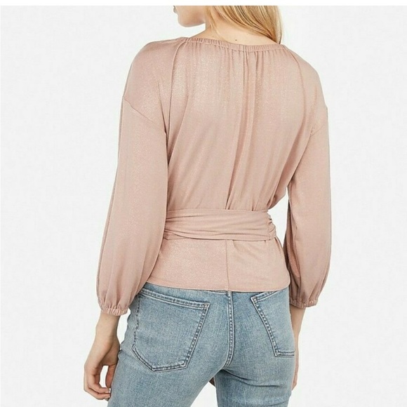 NEW Express x Negin Mirsalehi Blush Pink Sparkle Tie Front Wrap Top - Picture 2 of 6